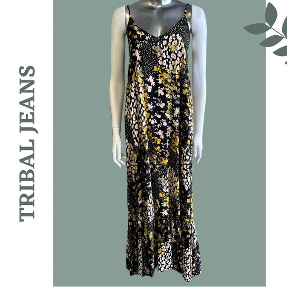 Tribal Jeans Floral Print Maxi Dress Back Elastic Smocking Black Yellow Size XS - Picture 6 of 14